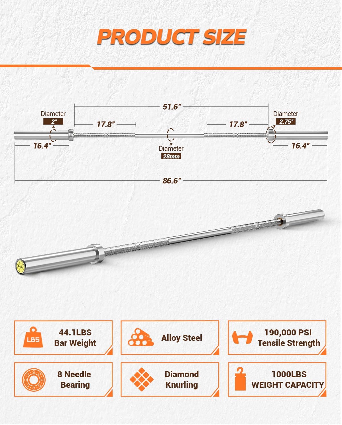 Olympic Barbell (2”) 1000LB High Capacity Hard Chrome Weightlifting Bar for Deadlift Strength Training
