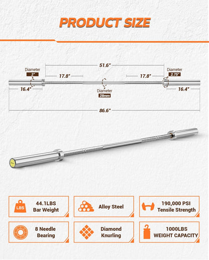 Olympic Barbell (2”) 1000LB High Capacity Hard Chrome Weightlifting Bar for Deadlift Strength Training